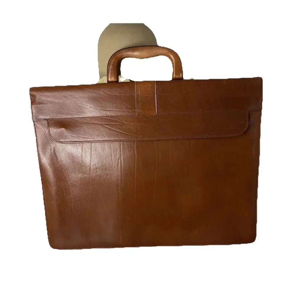 VTG Cognac Brown Leather Briefcase Attaché Case Trifold Wall Street Finance Bro